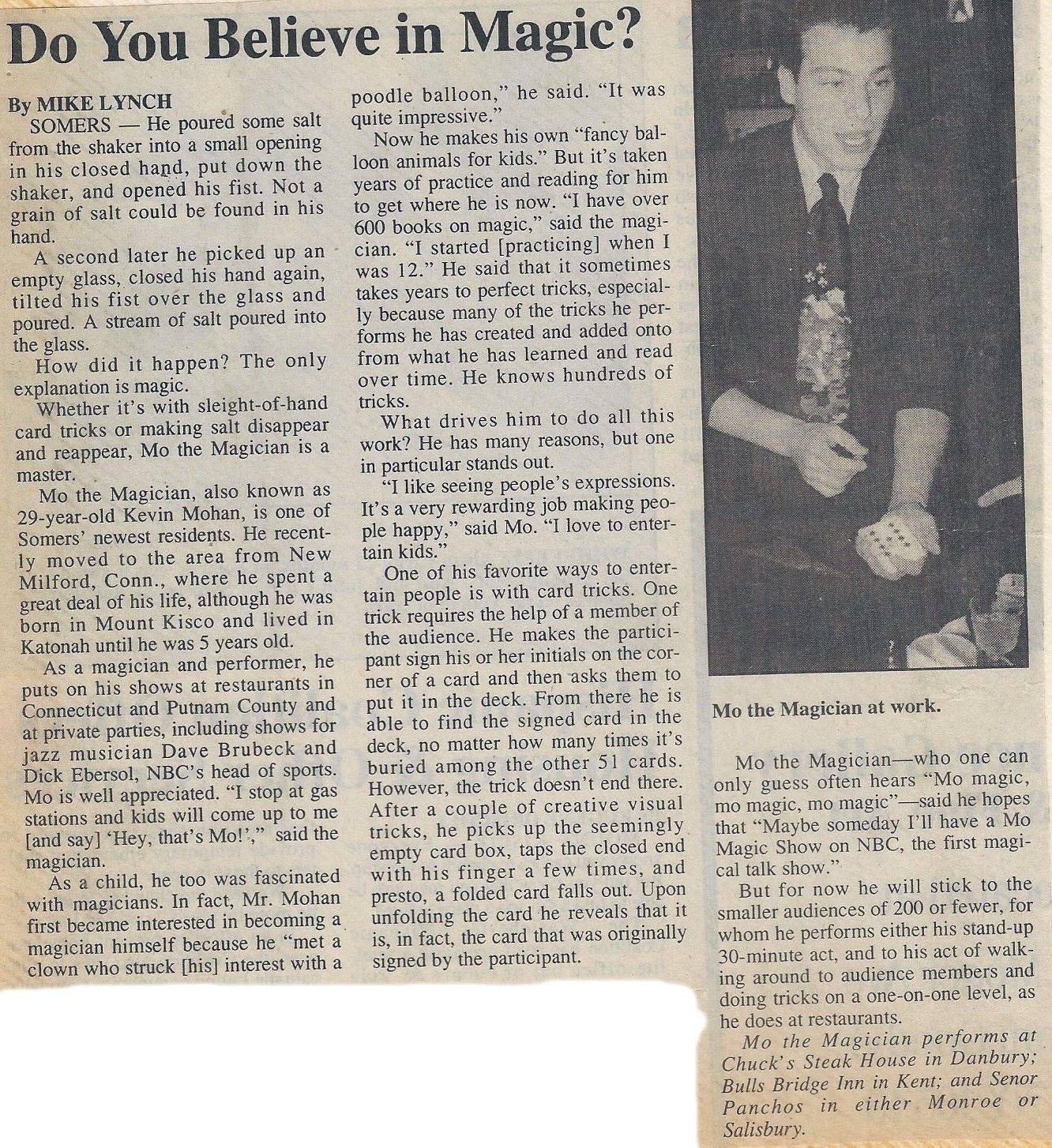 Newspaper clipping: New Haven Register feature on Mo Magic